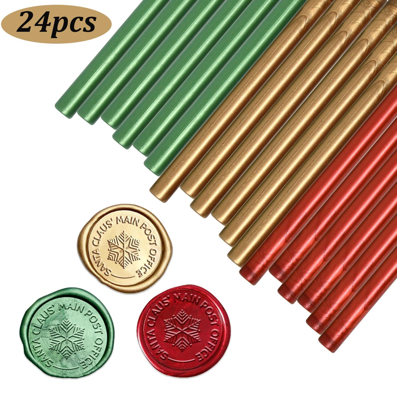 

24pcs Premium Christmas Sealing Wax Glue Gun Sticks, (8PCS of each Gold Green Red Color) Wax Seal Sticks, Holiday Xmas Stamp