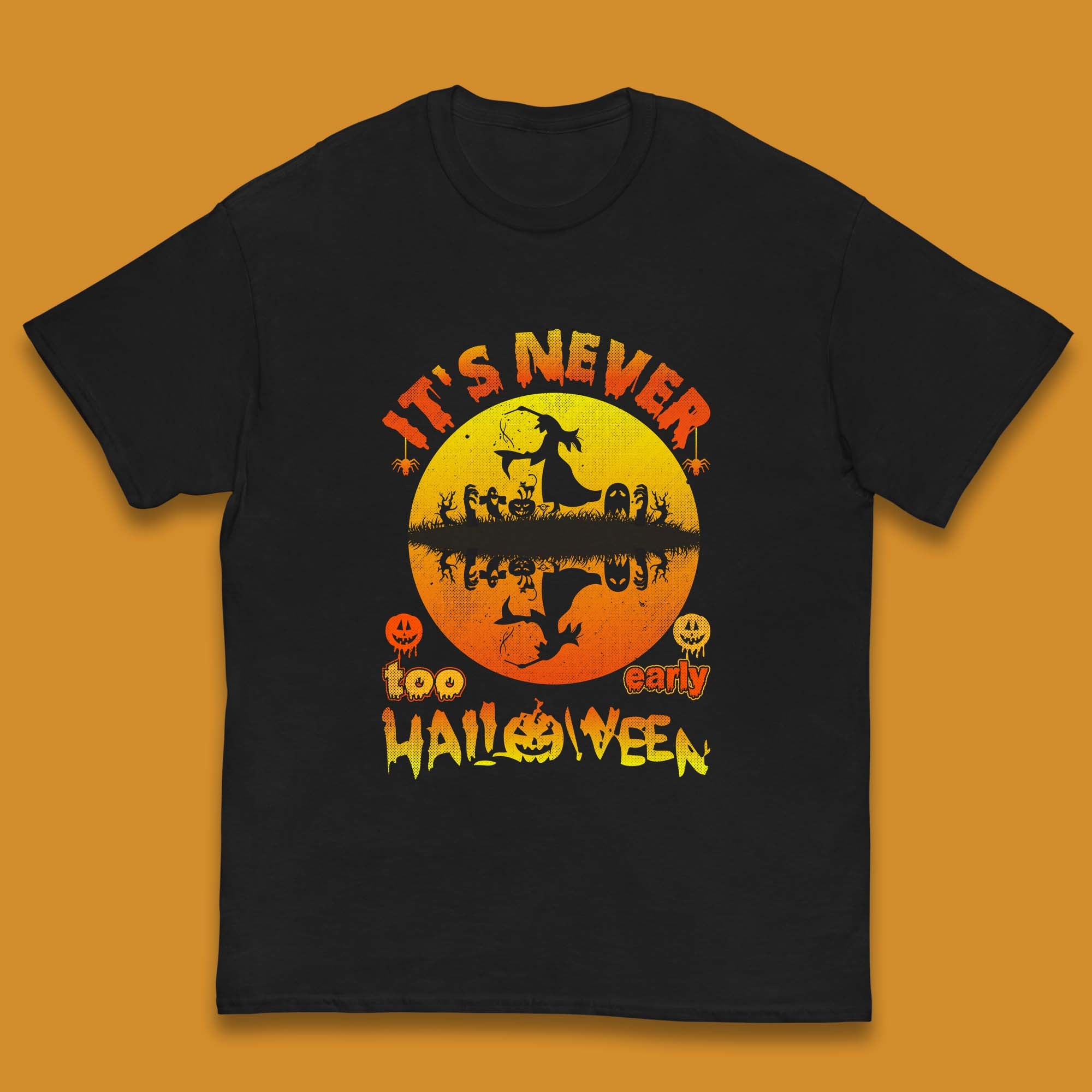 It s Never Too Early Halloween Witch Flying On Broomstick Over Lake Scary Spooky Season Kids T Shirt 150