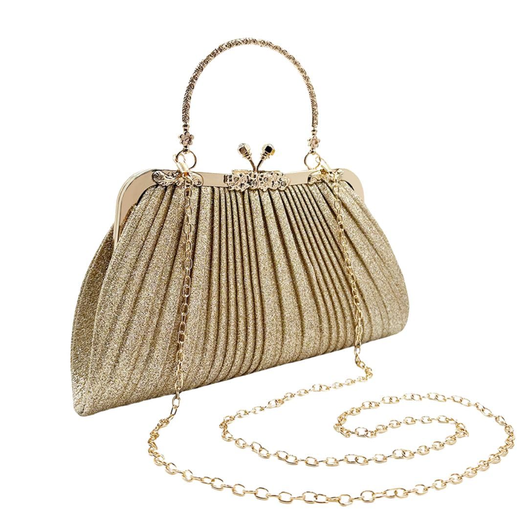 

Women s Gold Shoulder Bag with Chain for Weddings, Coming-of-Age Ceremonies, and Formal Occasions