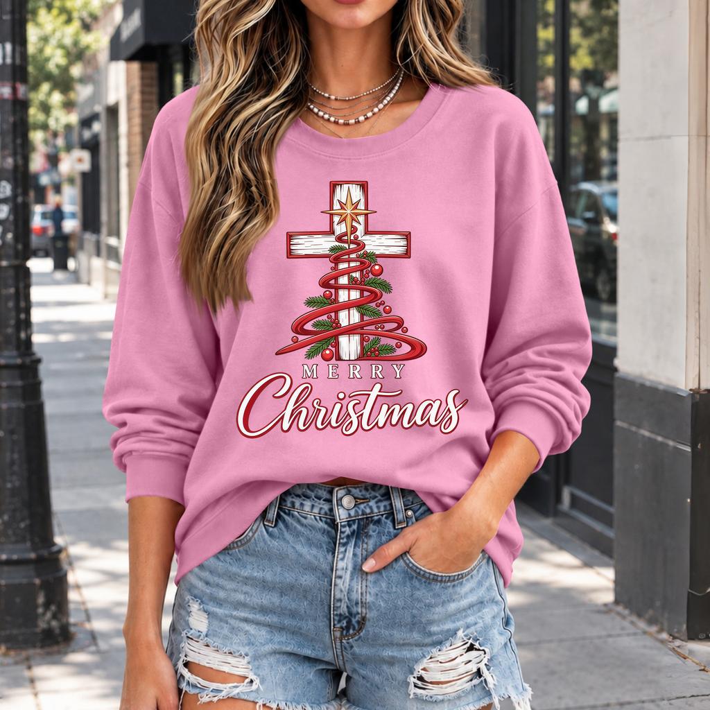 Women's Casual Christmas Print Crewneck Sweatshirt Pullover for Holiday Party Outfit