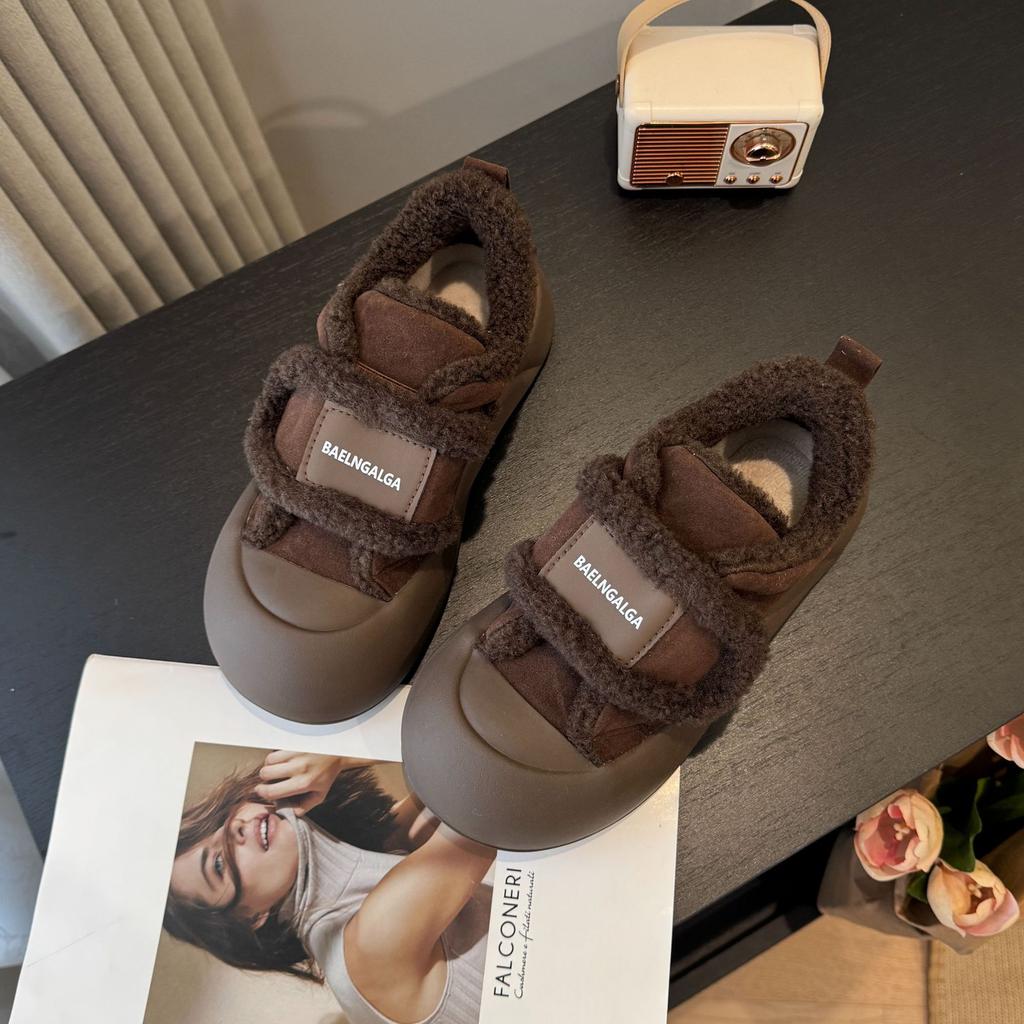 Plateau-Brot-Schuhe neu Samt warm Imitat Lammwolle mattes Leder lässige Mode Klettverschluss Damen Baumwollschuhe