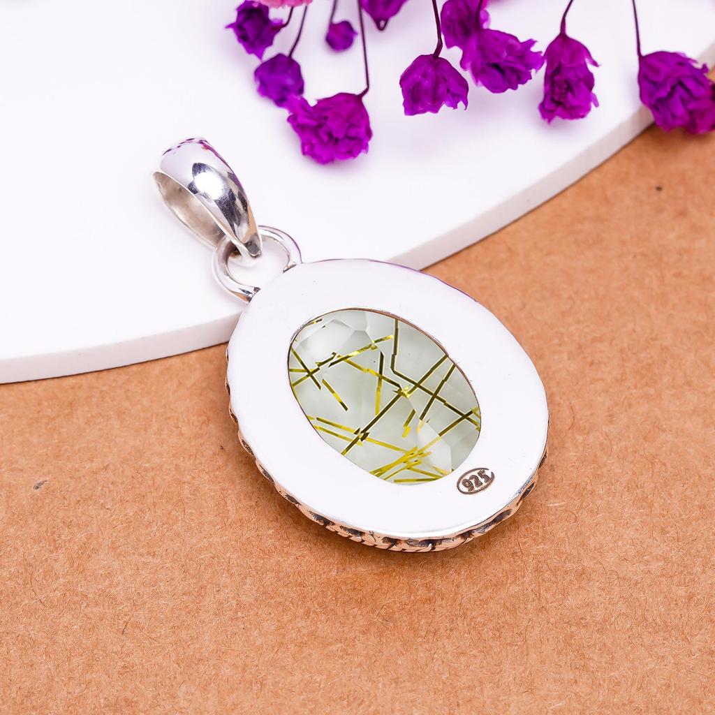 Natural Rutilated Quartz Pendant, 925 Sterling Silver Pendant Necklace, Handmade Statement Jewelry Gift For Her