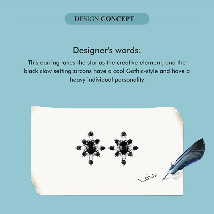BAMOER Real 925 Sterling Silver Black White CZ Star Stud Earrings For Women European Gothic Ear Studs Wedding Party Jewelry Gift