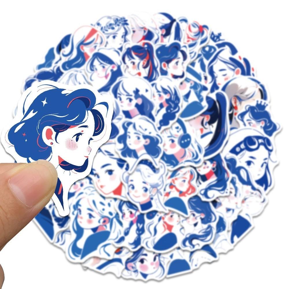 50-Piece Original Blue Line Art Girl Cartoon Stickers - Waterproof Decals for Phone Cases, Guitars, Helmets & Water Cups