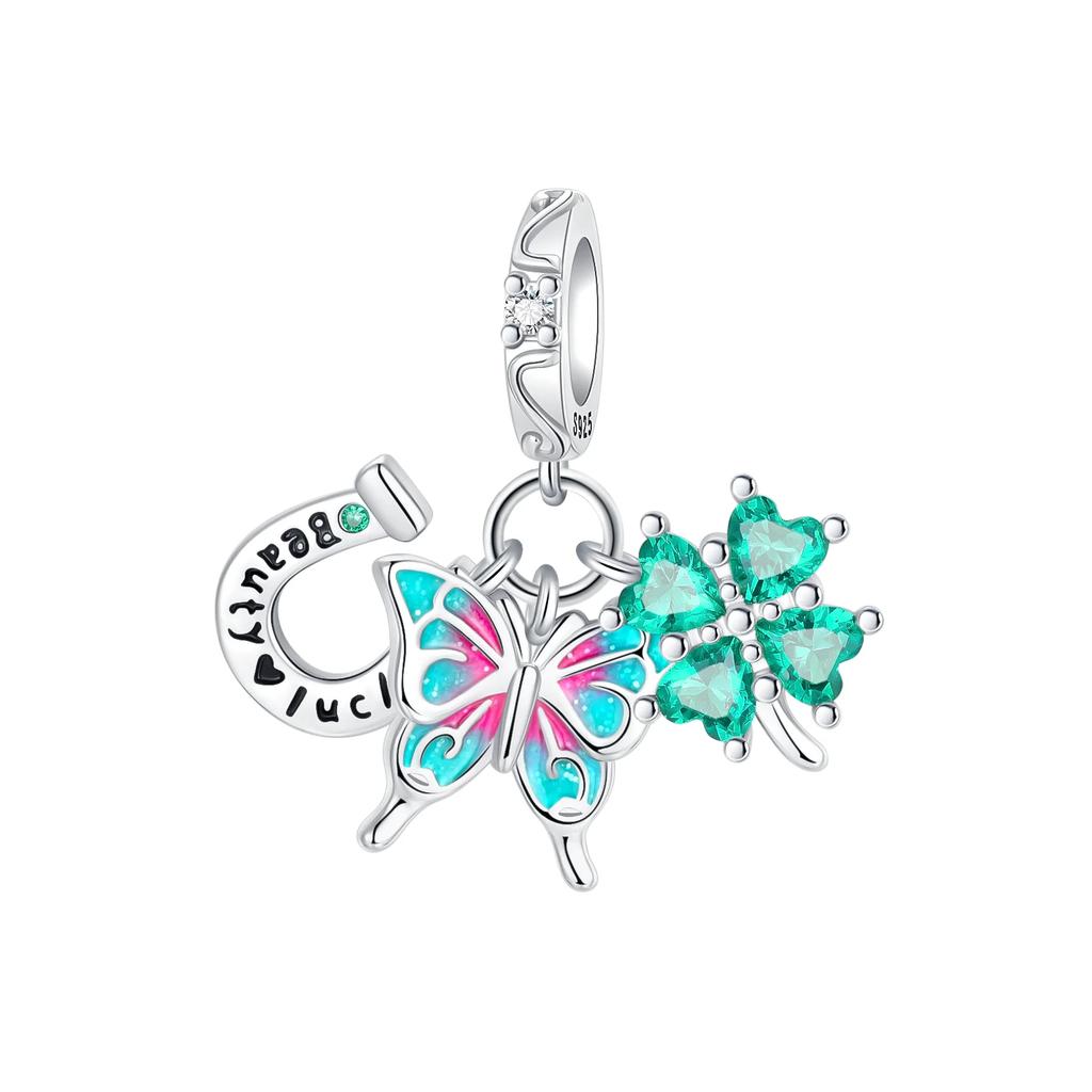 Lucky 925 Silver Charms Green Four Leaf Clover Horseshoe Bead Earrings Pendant Exquisite Bracelets Necklaces DIY Jewelry