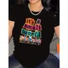 European size Easy Care| Women'S Colorful "It'S a Small World" Pattern Printed T-shirt-Casual Crew Neck, Short Sleeve Top