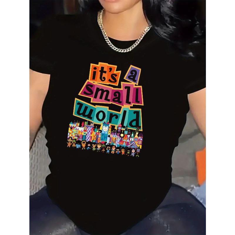 European size Easy Care| Women'S Colorful "It'S a Small World" Pattern Printed T-shirt-Casual Crew Neck, Short Sleeve Top
