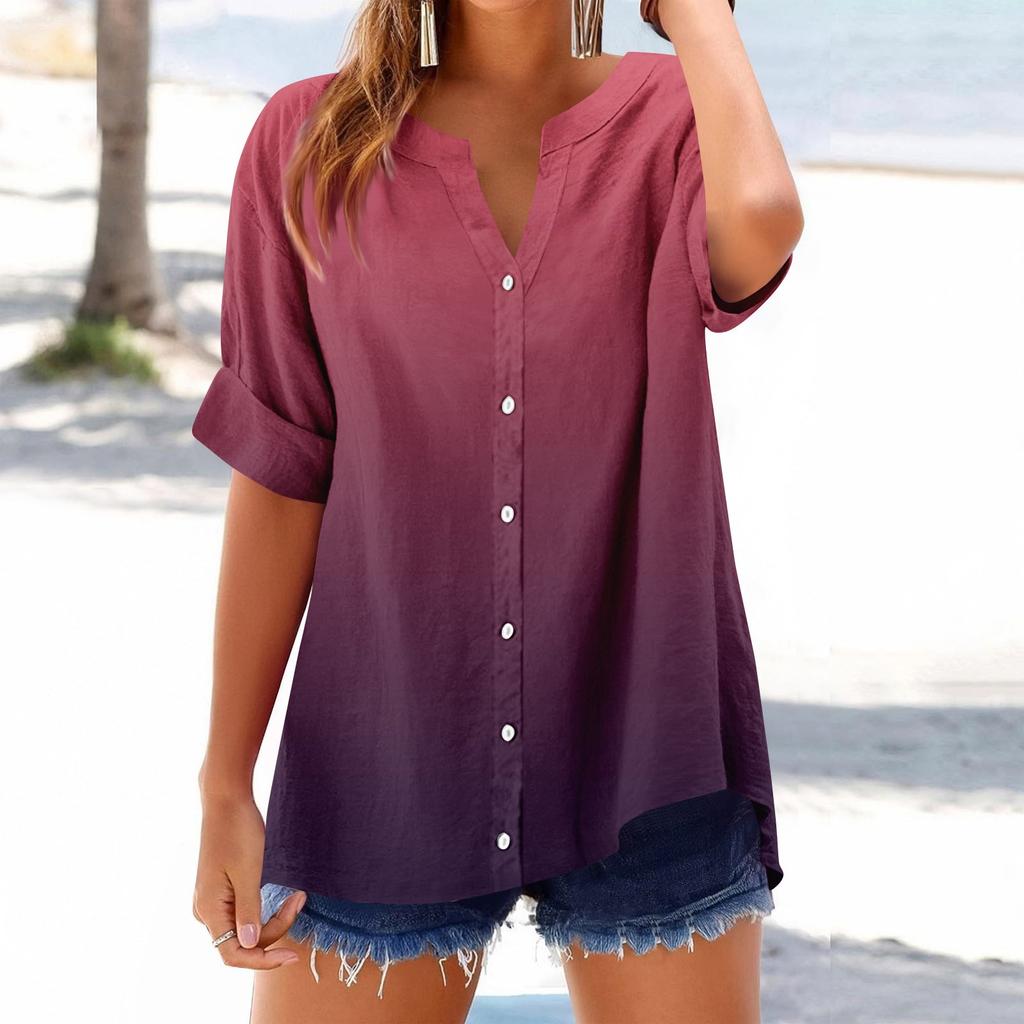 Women's loose printed stand collar short-sleeved cotton and linen top