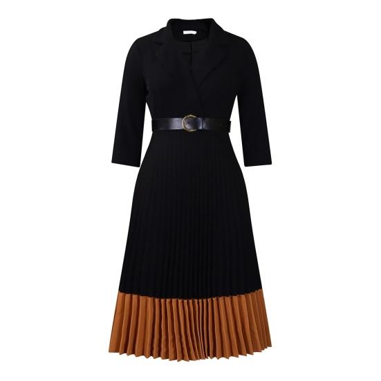 Women's Long Sleeve Blazer Dress V Neck Notched Lapel Pleated Swing Midi Dress Business Office Work Dress with Belt