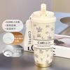 Simple flower thermos cup 111 large capacity student straw high value portable water cup coffee cup female