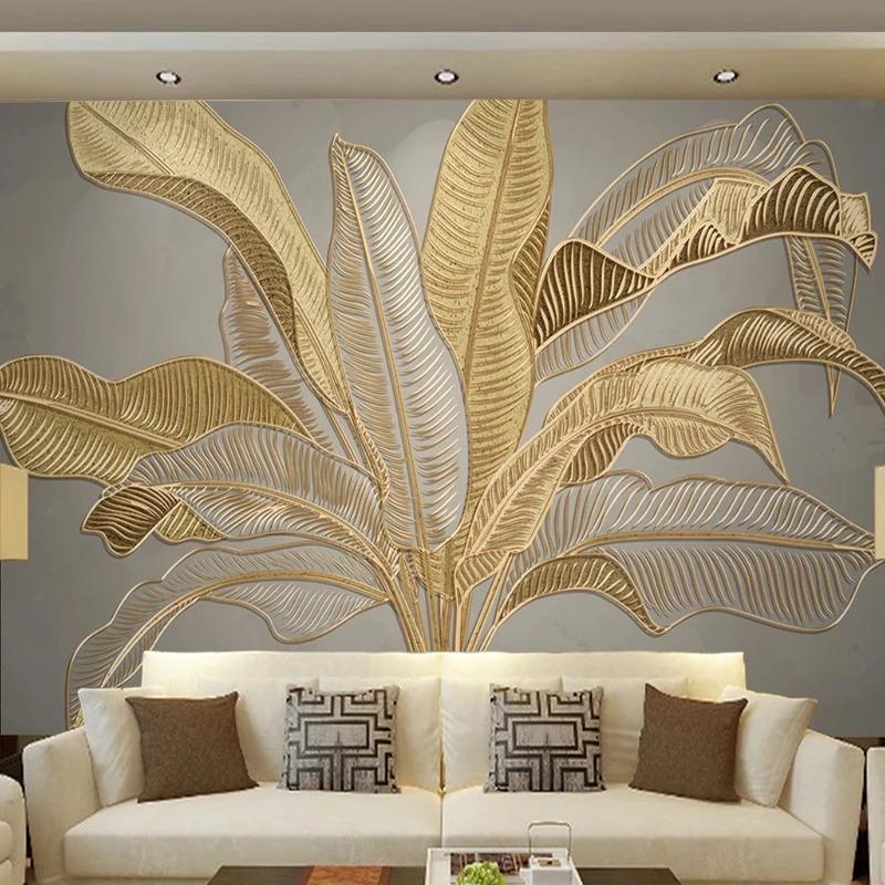 Fototapet 3d Stereo Gyllene Relief Bananblad Mural Vardagsrum Abstrakt Väggmålning 3d Fresk