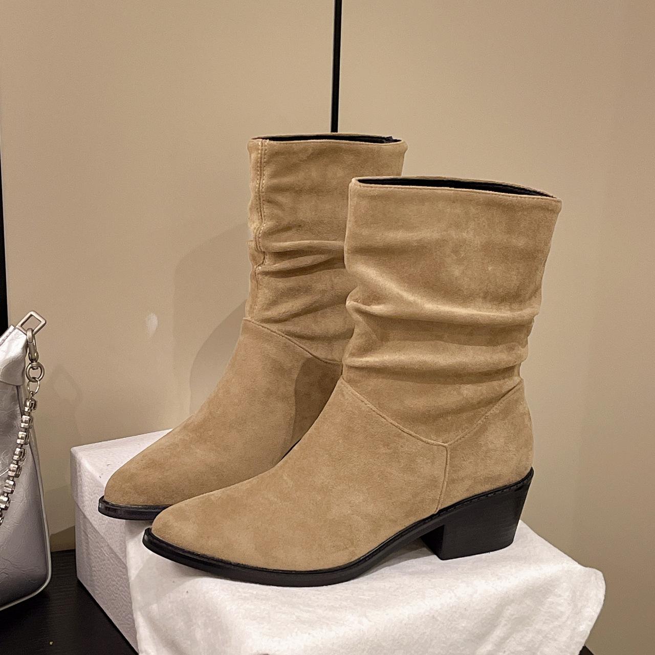 

thick heel square head suede khaki thin French small short boots women s shoes 2025 autumn and winter new medium tube stacking boots 40 хакі
