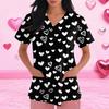 Women V Neck Printed Scrub Top with Heart Pattern Short Sleeve Uniform Top for Veterinary