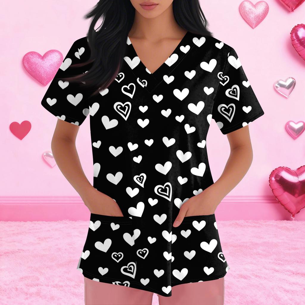 Women V Neck Printed Scrub Top with Heart Pattern Short Sleeve Uniform Top for Veterinary