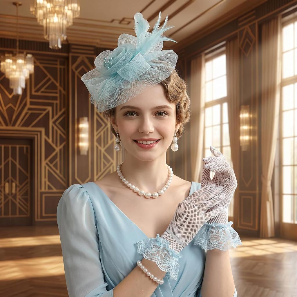 Fascinators Hat for Women Tea Party Fascinator Headband with Gloves Tea Party Accessories for Ladies