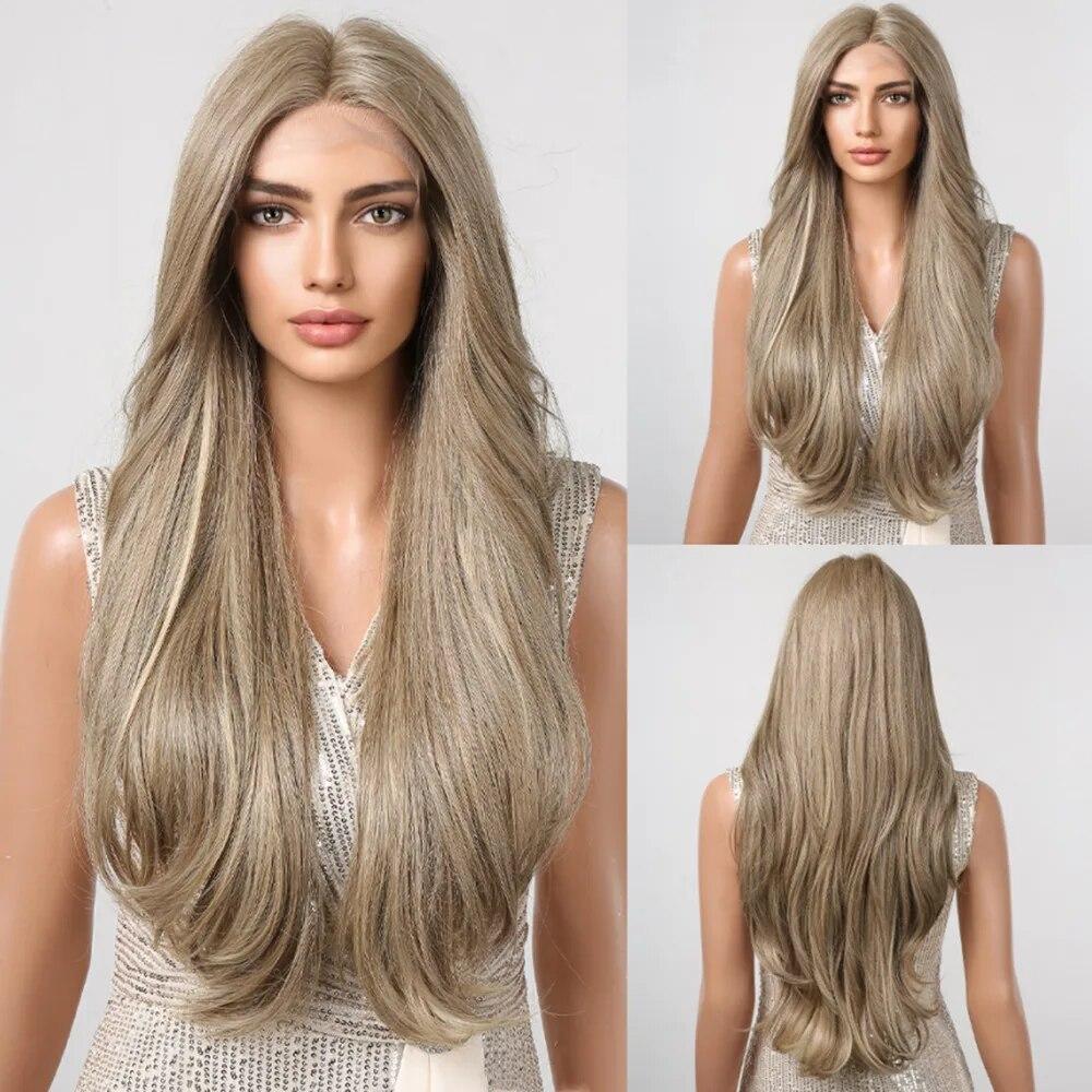 ALAN EATON Hellbraune gerade Lace-Front-Perücken, Mittelscheitel, Ombre-Blonde Spitze, synthetische Perücke, natürlicher Haaransatz, hitzebeständig
