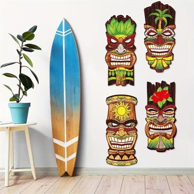 Yousheng 4 Stück Gesichtsmasken-Dekor Massivholz Handbemalt Tiki-Gesichtsmaske Tropischer Hawaiianischer Stil Wanddeko Strand Poolbereich Dekoration