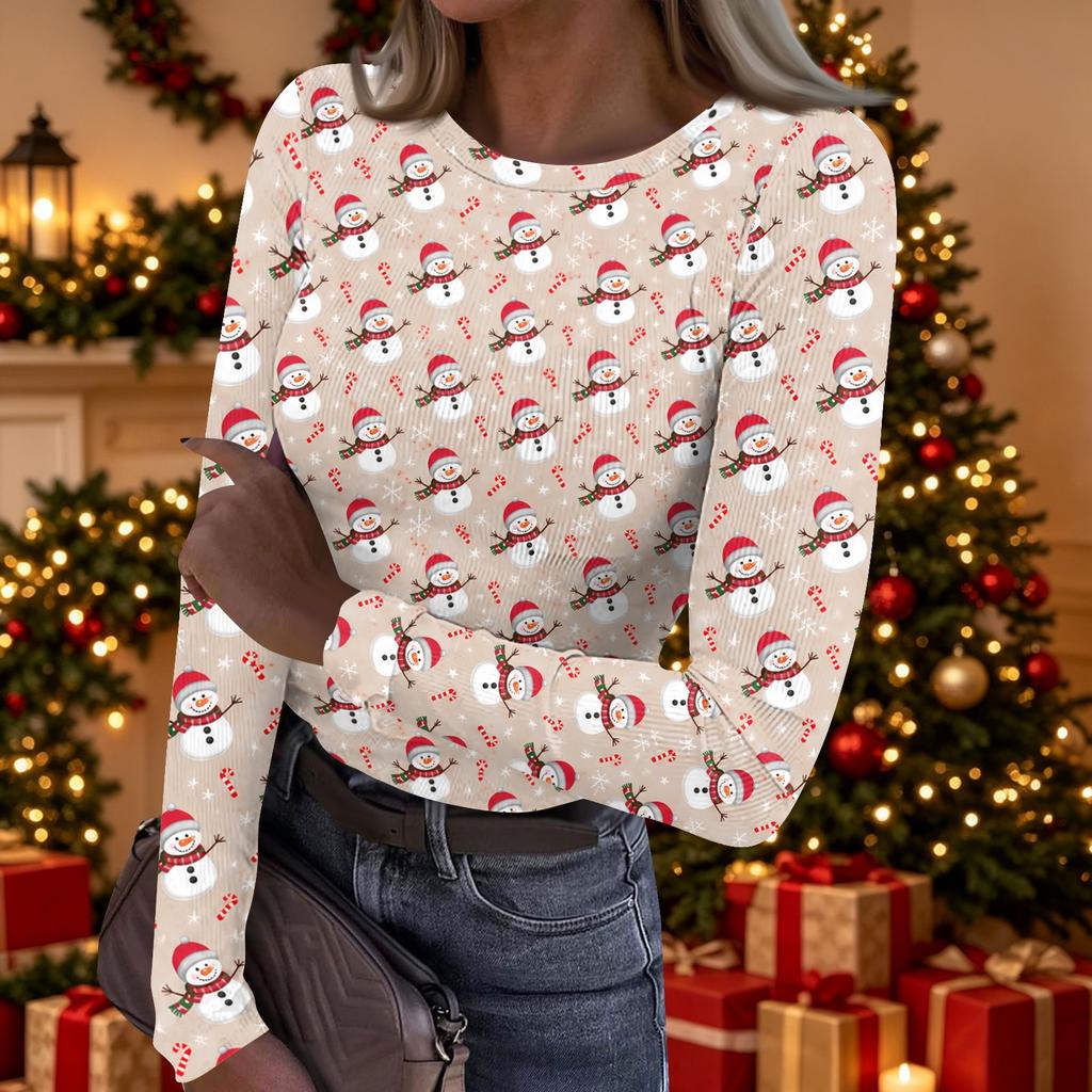 Women's Casual Christmas Print Long Sleeve Top for Holiday Party and Everyday Wear