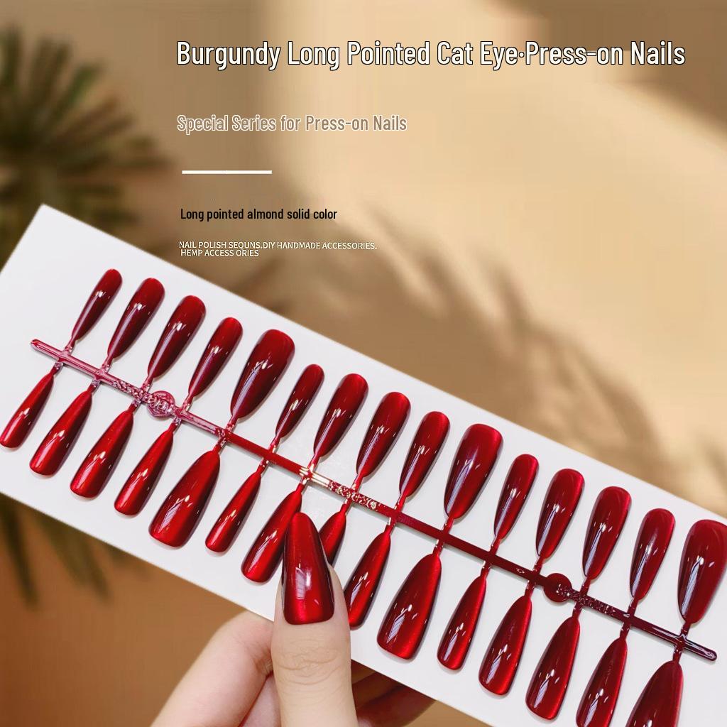 Solid Wine Red Cherry Cat Eye Press-On Nails - Dark Red Long Nail Tips