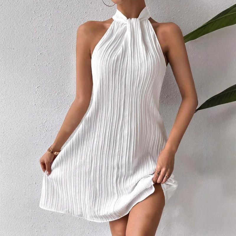 Summer Sleeve White Loose Dress Fashion Women's Hanging Neck Pleated Dress Party Casual Elegant Sweet A-line Short Dress Holiday Clothing