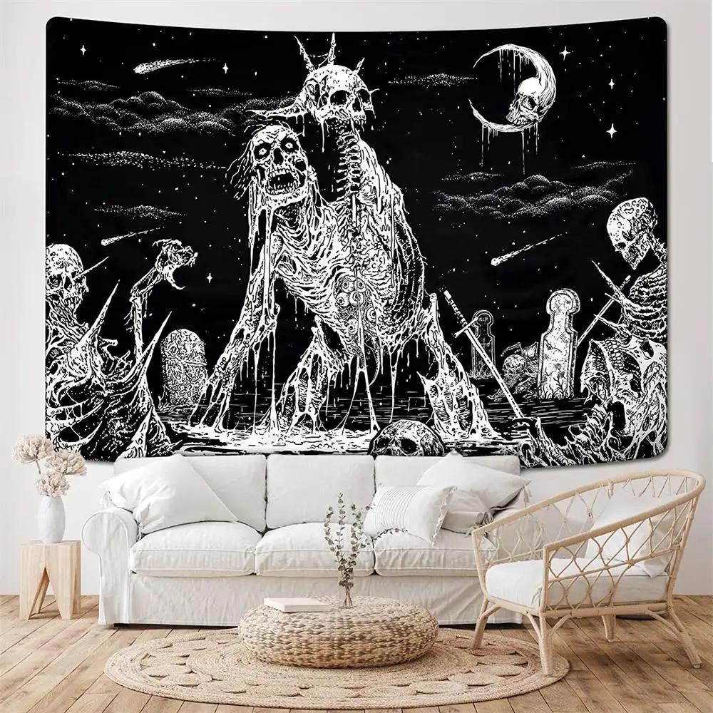 Black and White Wall Art Aesthetic Home Tapestry Gothic Skull  Psychedelic Hippie Mushroom