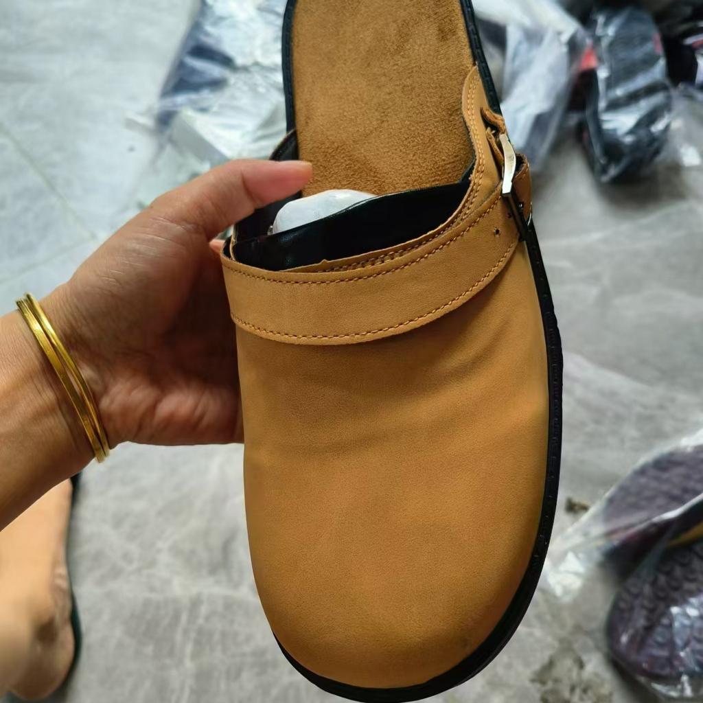 Men Slip-on PU Leather Mules Clogs Outdoor Soft Sole Slippers Casual Sandals Flats Plus Size 38-48