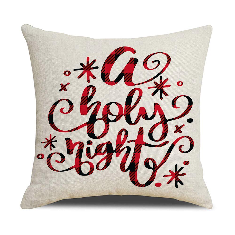 Red and Black Plaid Christmas Pillow Cover Cartoon Print Linen Sofa Cushion Cover Pillow