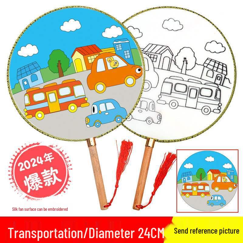 DIY Children's Silk Cloth Round Fan with Bamboo Handle - Palace Style Hand-Painted Kindergarten Craft