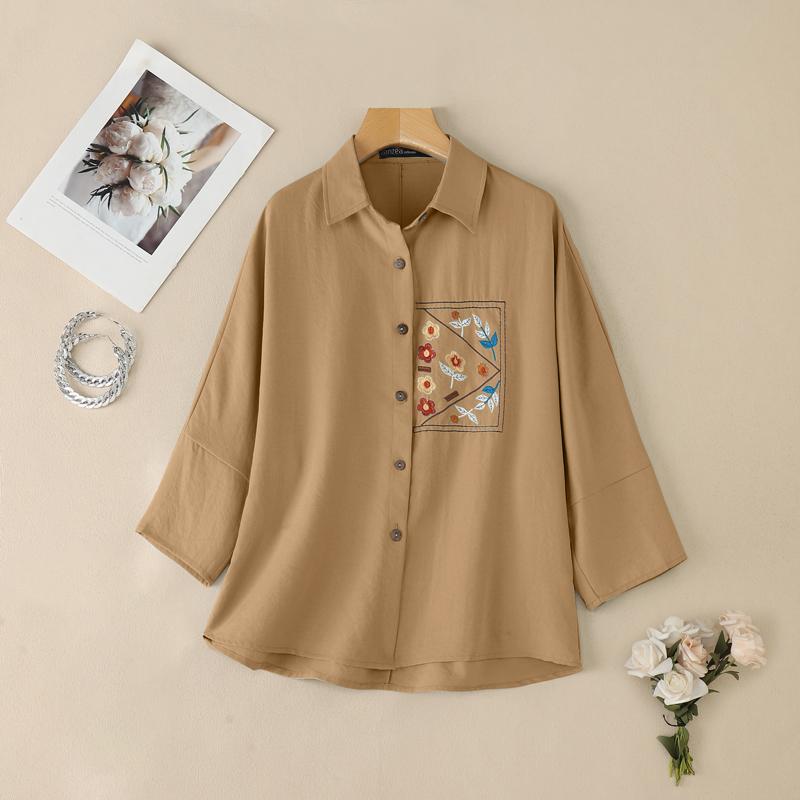 

ZANZEA Женская блузка с отложным воротником, рукавами 3/4, свободного кроя, с вышивкой S