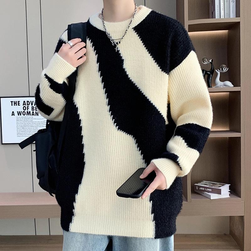 Men's Trendy Striped Cable Knit Sweater - Autumn/Winter 2025 Loose Warm Woolen Base Layer.