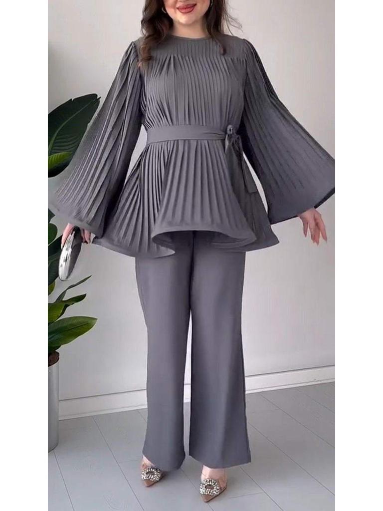 2024 Solid Color Pleated Ruffle Hem Loose Casual Long Pants Set