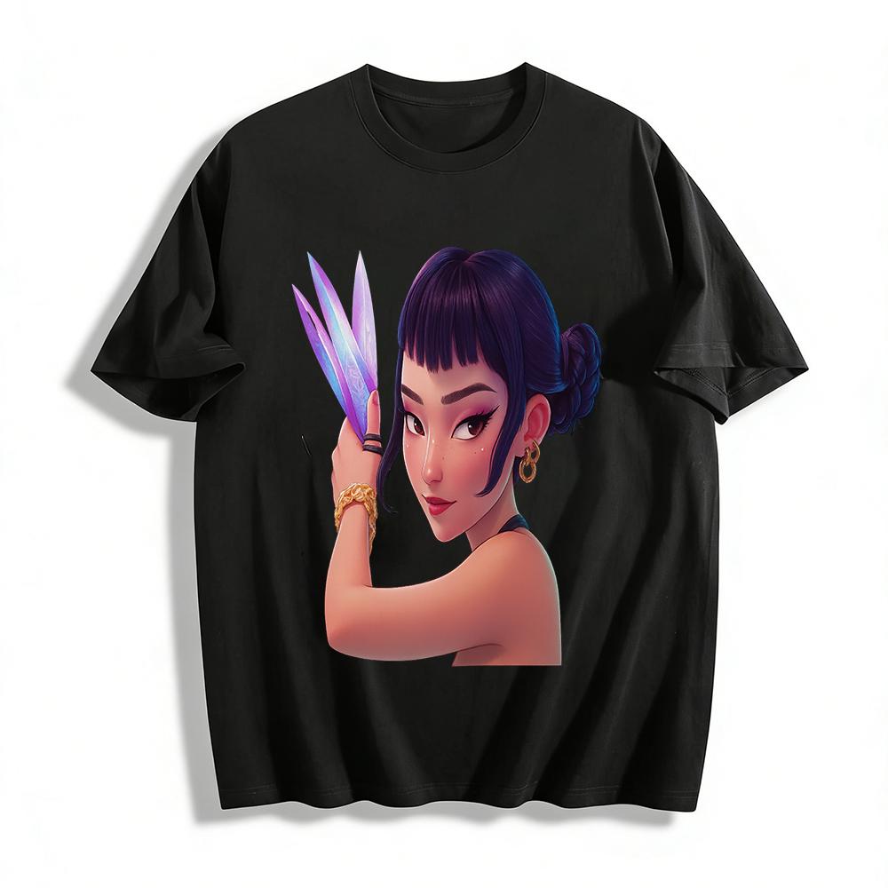 

Trendy Chinese Style Purple Hair Cool Girl Print Top Casual Loose Crew Neck Short Sleeve T-Shirt Pure cotton T-shirt XXS