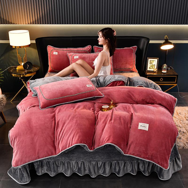 Solid color milk fleece four-piece set, winter thickened warm student dormitory bed sheet four-piece set