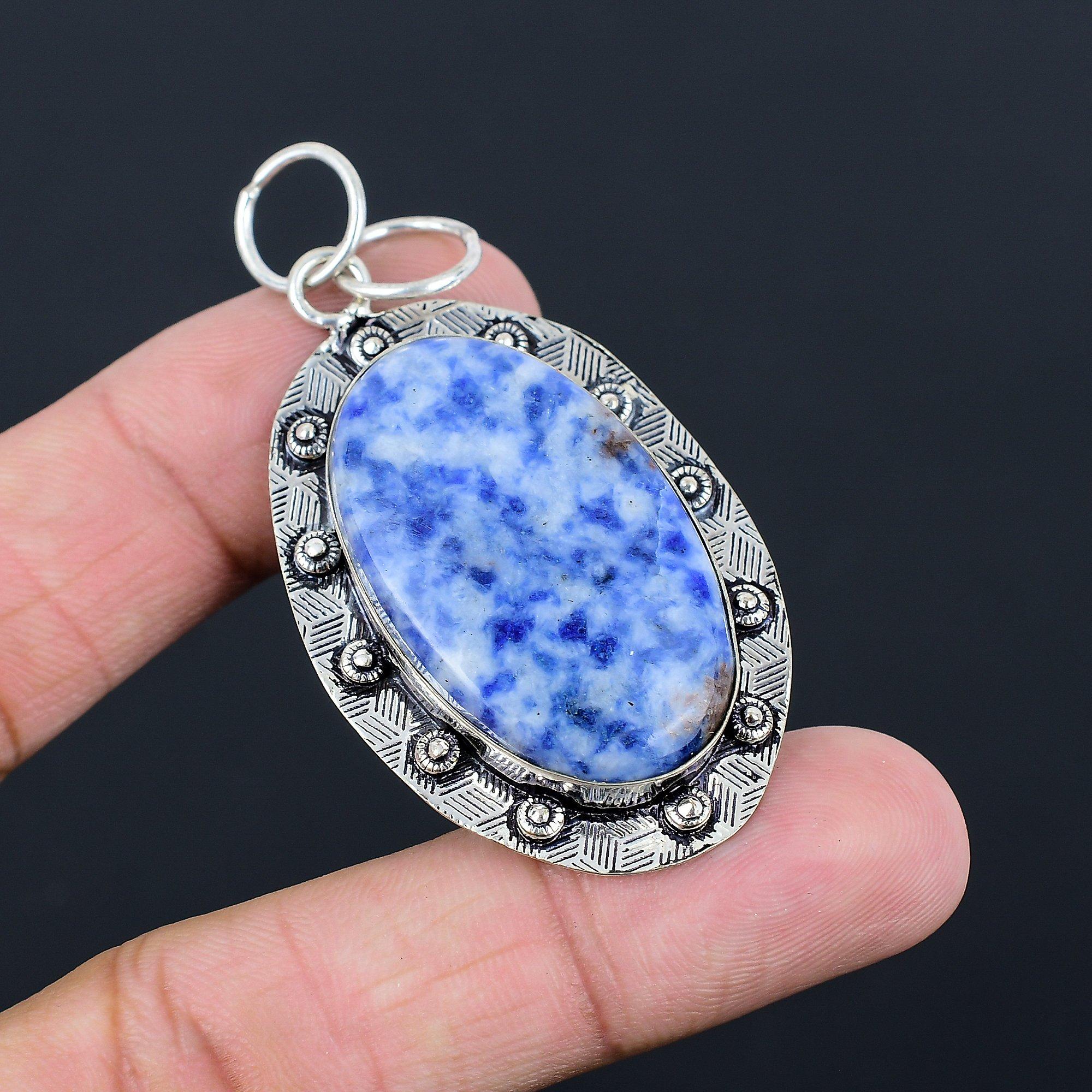 925 Sterling Silver Sodalite Gemstone Third Eye Chakra Ethnic Pendant Jewelry