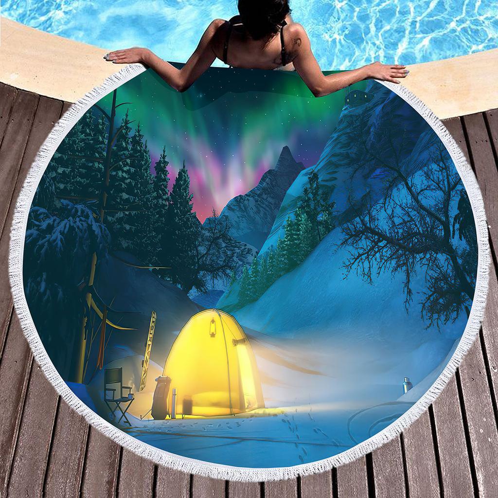 Beautiful Aurora Round Beach Towel with Tassels,Sand Free Quick Dry Circle Beach Blanket Roundie Yoga Meditation Mat Picnic Rug