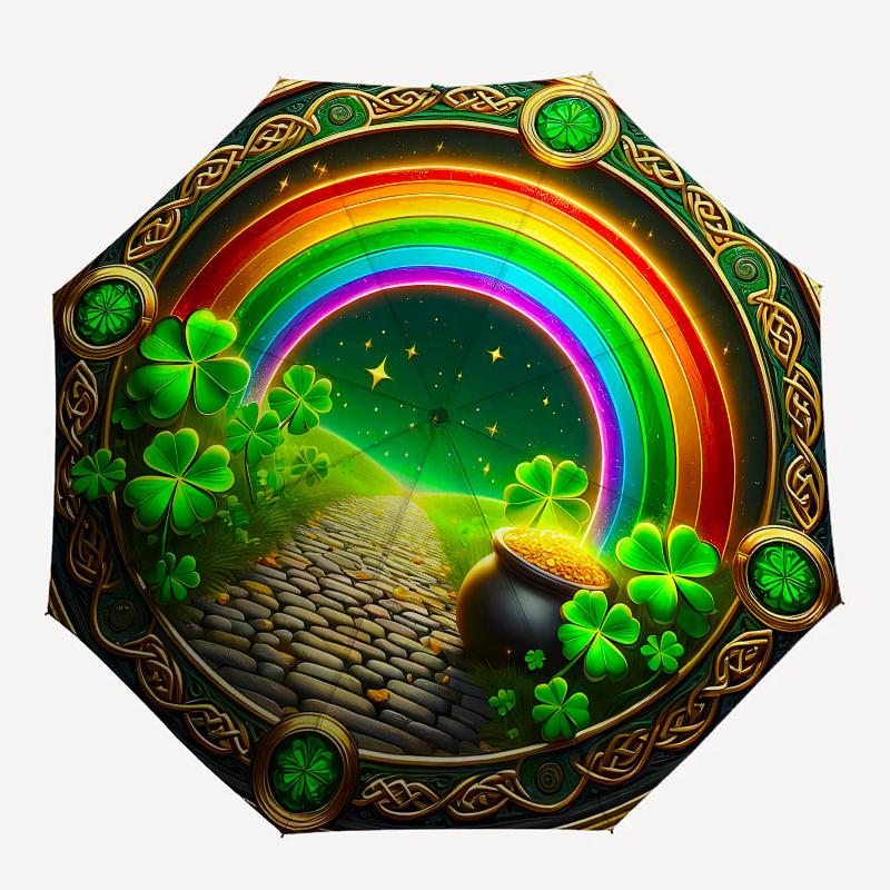 Irish Luck Pot of Gold St. Patrick's Day Decorations Rainbow Clover Wall Art Umbrella, Cute Umbrella with Cute Design, Portable 3-Fold Compact Umbrell
