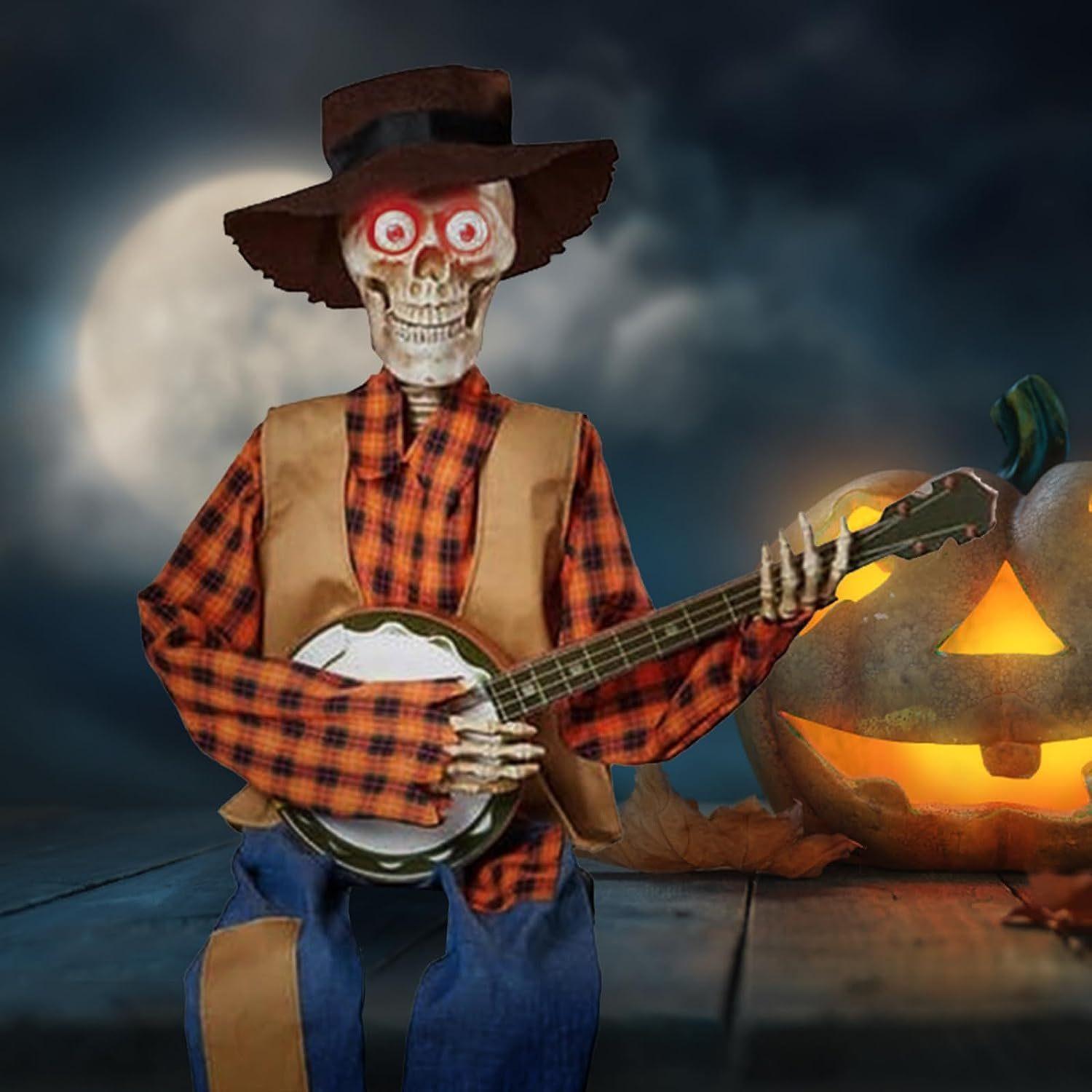 Halloween Animated Banjo Skeletons Halloween Guitar Skeletons Decorative Ornaments Holiday Home Atmosphere Decorative Ornaments without light