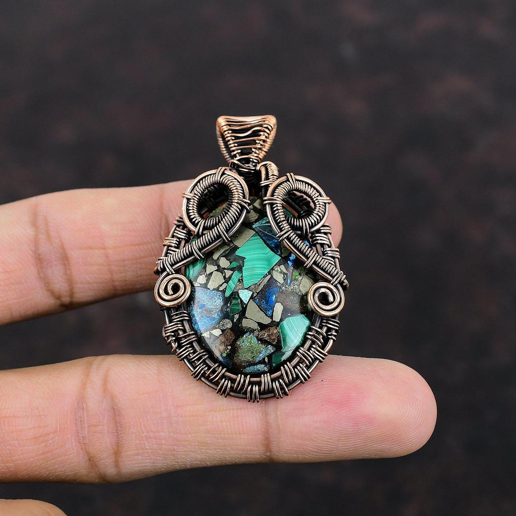 Copper Azurite Malachite Pendant Copper Wire Wrapped Gemstone Pendant Handmade Pendant Copper Jewelry Ethnic Style Pendant Jewelry For Gift