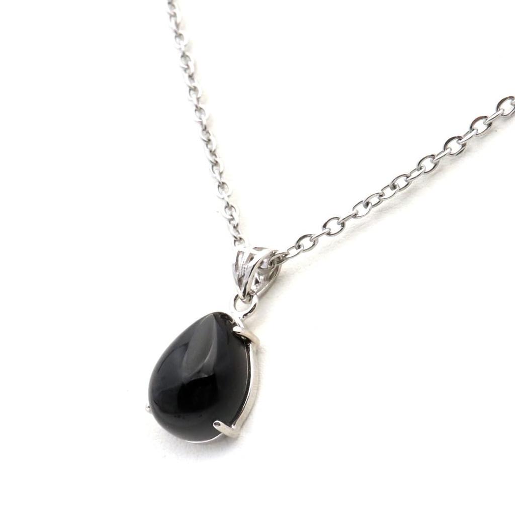 [GOLD STONE] Morion Necklace, Teardrop Drop, Natural Stone Pendant, Black Quartz, Genuine, Silver925 Surgical Stainless Steel Chain Included,