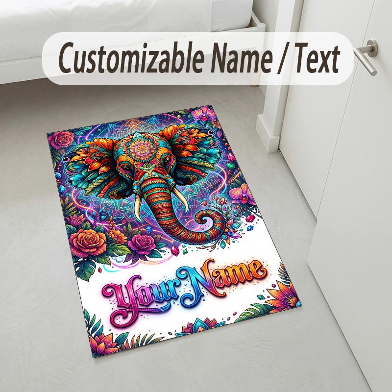 Alfombra de Terciopelo de Cristal con Temática de Elefantes, Personalizada con Nombre y Texto, Alfombrilla Suave para el Suelo, Decoración del Hogar