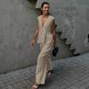 Women 2 Piece Outfit Sleeveless V-Neck Button Vest Top Long Pants Set Solid Color Cotton Elegant Commuter Suit