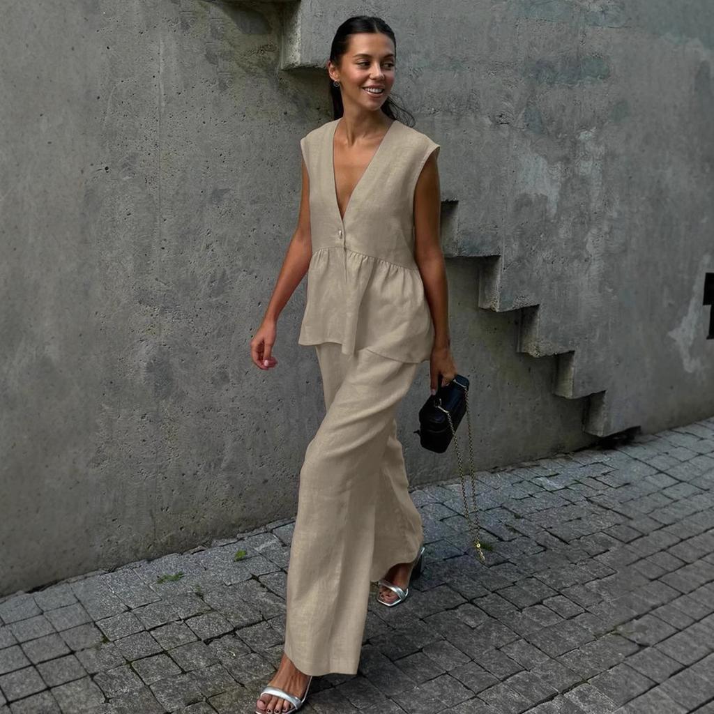 Women 2 Piece Outfit Sleeveless V-Neck Button Vest Top Long Pants Set Solid Color Cotton Elegant Commuter Suit