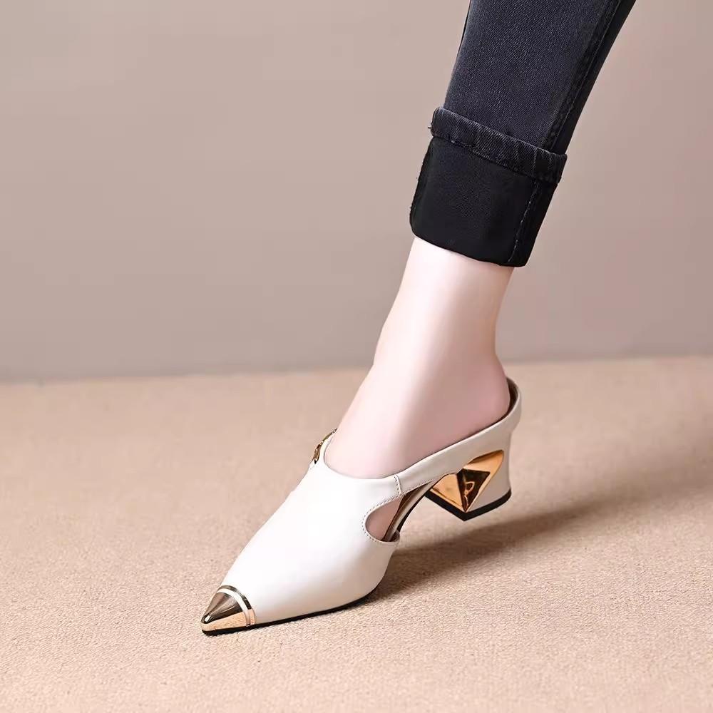 Metal Iron Head Summer Pointed Head Half Slippers Women Wear Horseshoe Middle Heel Casual Lazy One Pedal Bag Head Drag