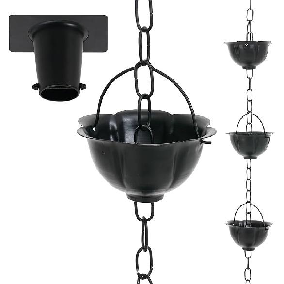 Rain Chains for Gutters with Gutter Adapter, Aluminum Hammered Long Cup Gutter Chain Downspout, 8-1/2 Feet Length Replacement Rain Chain Gutters,