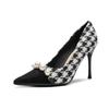 97801 [sheepskin] High Heels Women's Thin Heels 2025 New Versatile Pearl Chain Pointed Thousand Bird Grid Single Shoes