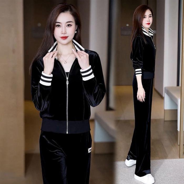 2024 Winter Gold Velvet Slim Fit Casual Two-Piece Suit with Zipper