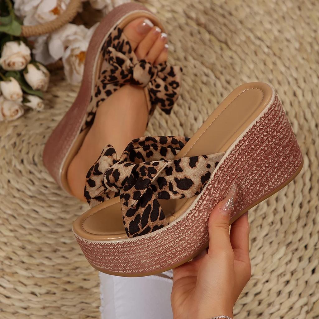 Fashion Summer Women Wedge Slippers Leisure Large Size Women Shoes Leopard Print Bow Tie Platform Slippers Outdoor Sandals Slides Women
