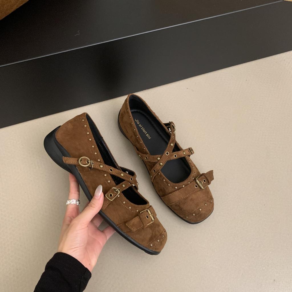 Retro Spice Girl Rivet Shallow Mouth Mary Jane Shoes Women's 2025 Summer New Casual Platform Sports Ballet Shoes