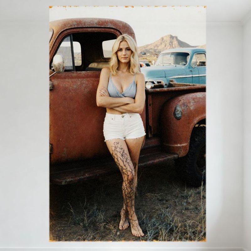 

Sexy Blonde Woman Vintage Pickup Truck Tin Sign Rustic Mountain Landscape Metal Poster for Bar Home Wall Decor 20x30cm（7.8x11.8inch）