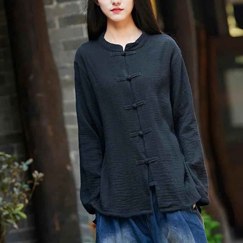 Spring Solid Color Stand Collar Full Sleeve Tops Women Vintage Single-breasted Cardigan Cotton Linen Shirts